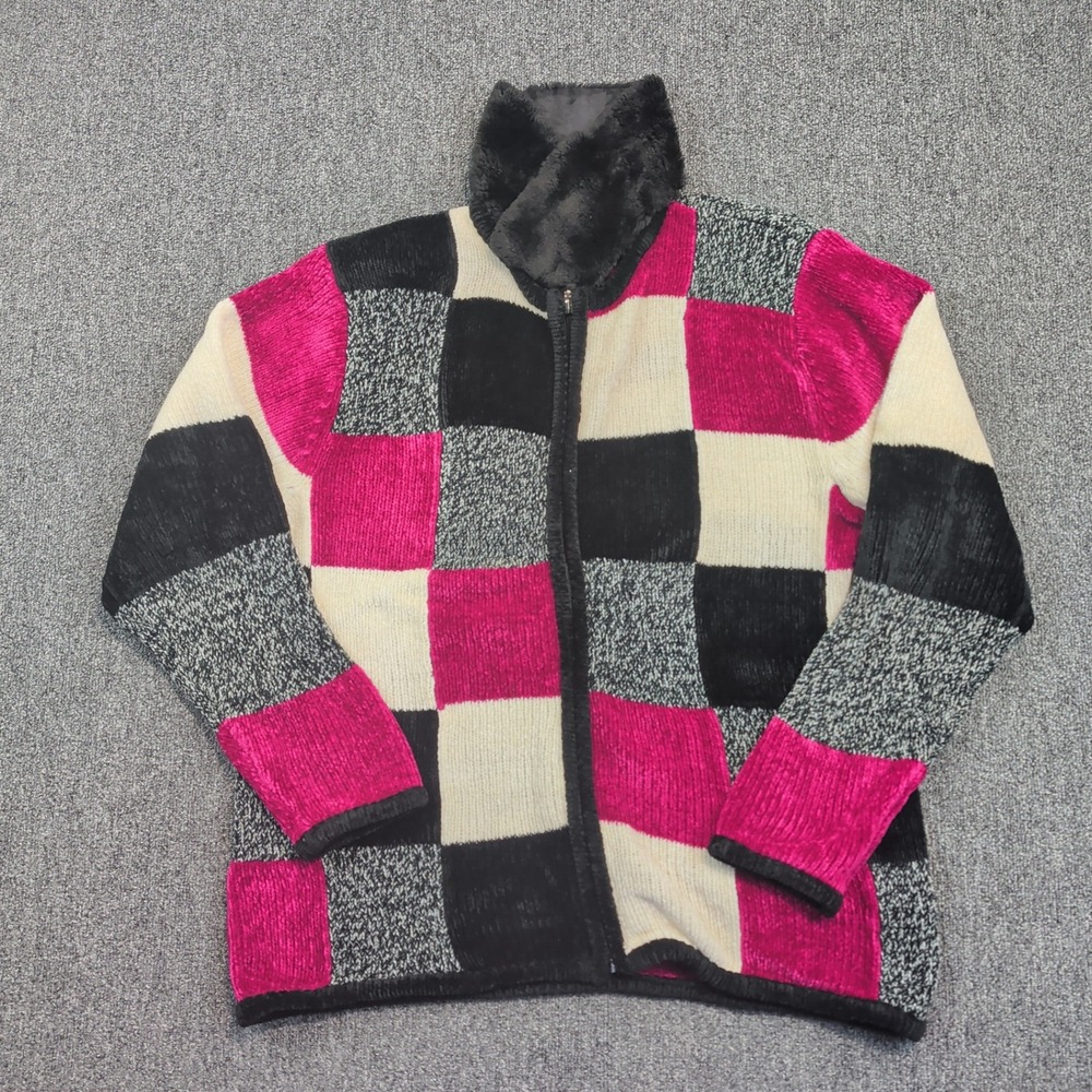 Dressbarn Vintage Y2K Colorblock Patchwork Zip Cardigan XL Pink Faux Fur Collar‎